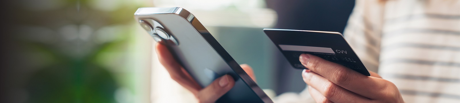 Person holding a cell phone and a credit card