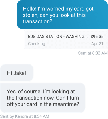 Online chat concerning debit card transaction